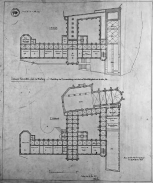 Pläne zum Neubau des Universitätsgebäudes in Marburg — Grundrisse des 1. und 2. Geschosses der Gesamtanlage mit alter Aula