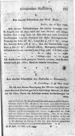 Aus einem Schreiben des Prof. Bode : Berlin, den 12. Oct[ober] 1799