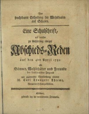 Von fruchtbarer Ertheilung der Wohlthaten auf Schulen