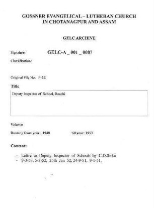 Deputy Inspector of School, Ranchi