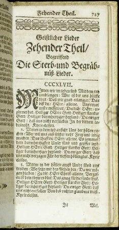 Geistlicher Lieder Zehender Theil/ Begreiffend Die Sterb- und Begräbnüß-Lieder.