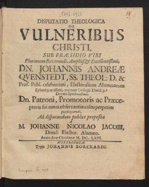 Disputatio Theologica De Vulneribus Christi