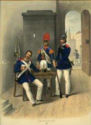 Uniformdarstellung, Unteroffizier des 2. Garde-Regiments, Tambour des Garde-Reserve-Regiments, Pionier der Garde-Pionier-Abteilung, Preußen 1843/1845. Aus: Sachse: Das Preussische Heer. Tafel 11.