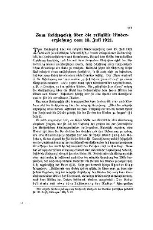 Zum Reichsgesetz über die religiöse Kindererziehung vom 15. Juli 1921