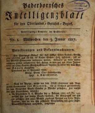 Paderbornsches Intelligenzblatt : für den Appellationsgerichts-Bezirk. 1827