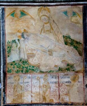 Frankreich. Limousin. Correze. Aubazine. Abtei Kirche. 12 Jahrhundert. Freske Pieta. Wandmalerei 15 Jahrhundert