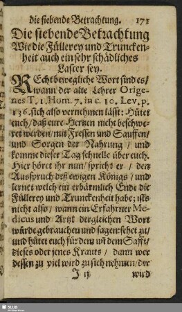 Die siebende Betrachtung Wie die Füllerey und Trunckenheit auch ein sehr schädliches Laster sey
