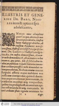 ILLUSTRIS ET GENEROSE Dn. BARO, NOBILES item & optimaespei adolescentes.
