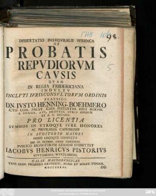 Dissertatio Inavgvralis Ivridica De Probatis Repvdiorvm Cavsis