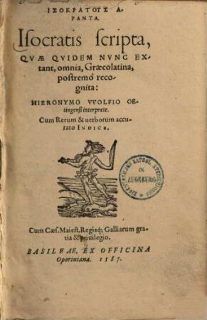 Isokratus hapanta : = Isocratis scripta, quae quidem nunc extant, omnia, Graecolatina, postremo recognita