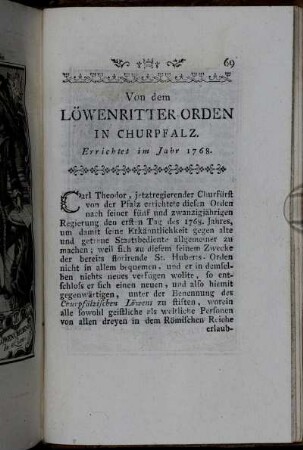 Von dem Löwenritter-Orden in Churpfalz. Errichtet im Jahr 1768.