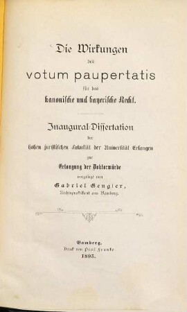 Die Wirkungen des votum paupertatis für das kanonische und bayerische Recht