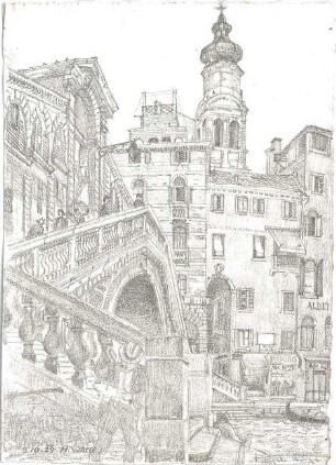 Wach, Hugo; Venedig (Italien); "Zeichnerisches Porträt der Lagunenstadt" bzw. "ein architektonisches Porträt in Lithographien" Vorzeichnungen - Ponte di Rialto, dt. Rialtobrücke (Perspektive)