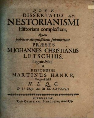 Dissertatio Nestorianismi historiam complectens
