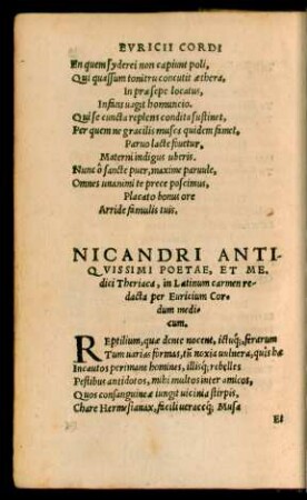 Nicandri Antiquissimi Poetae, Et Medici Theriaca, in Latinum carmen redcacta per Euricium Cordum medicum.