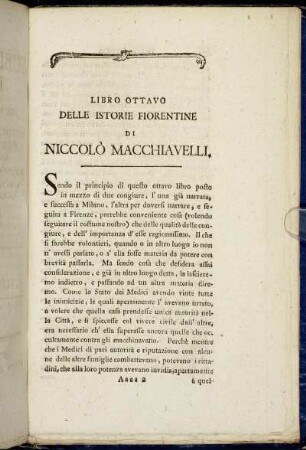Libro Ottavo delle Istorie Fiorentine di Niccolò Macchiavelli.
