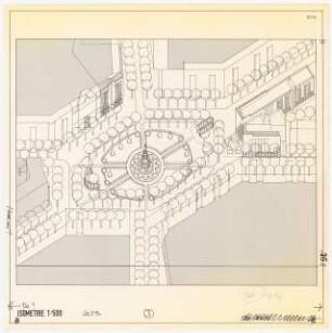 Platzbebauung mit Wohnungen, Gewerbe und sozialen Einrichtungen am Viktoria-Luise-Platz, Berlin-Schöneberg Schinkelwettbewerb 1980: Perspektivische Ansicht, Isometrie, 1:500