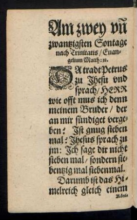 Am zwey und zwantzigsten Sontage nach Trinitatis/ Evangelium Matth: 18.