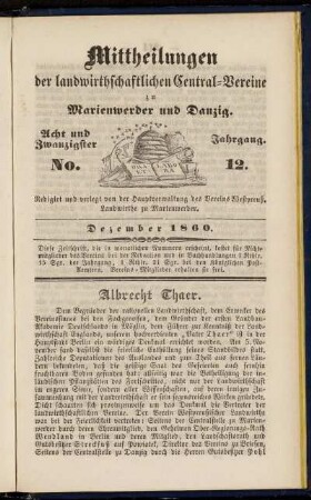 Acht und Zwanzigster Jahrgang. No. 12. Dezember 1860.