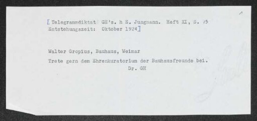 Brief von Gerhart Hauptmann an Walter Gropius