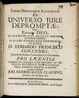 Theses Miscellaneæ Inaugurales Ex Universo Iure Depromptæ