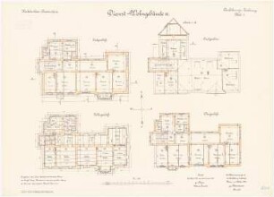 Kadettenhaus, Oranienstein: Dienstwohngebäude III: Grundriss Keller, Erdgeschoss, Obergeschoss, Dachgeschoss 1:100