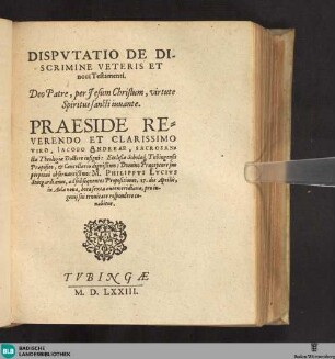 Dispvtatio De Discrimine Veteris Et noui Testamenti