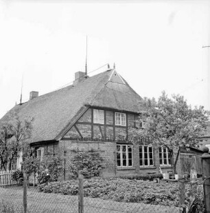 Wohnhaus mit Reetdach: ehemalige Volksschule: vorn Garten und Zaun