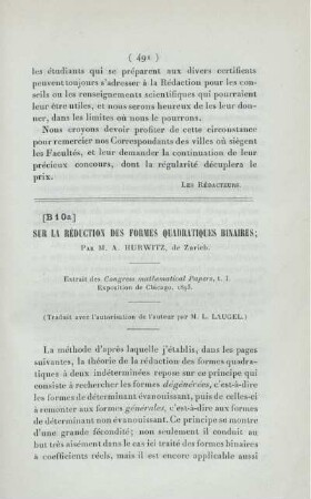 Sur la réduction des formes quadratiques binaires.