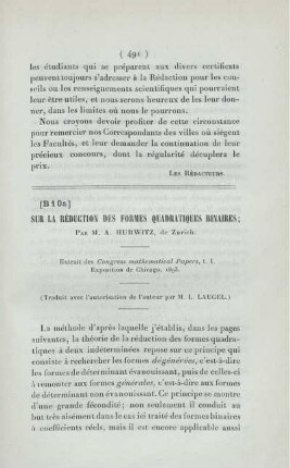 Sur la réduction des formes quadratiques binaires.