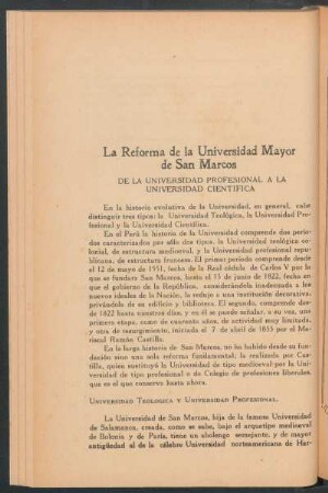 La reforma de la Universidad Mayor de San Marcos : De la Universidad Profesional a la Universidad Científica