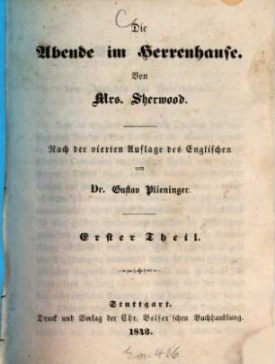Die Abende im Herrenhause : Von Mrs. Sherwood, 1