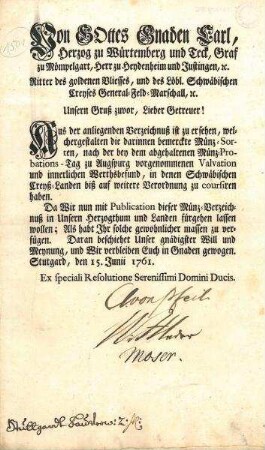 Mandat von Herzog Carl über die Münzkurse nach dem Münzprobationstag des Schwäbischen Kreises in Augsburg