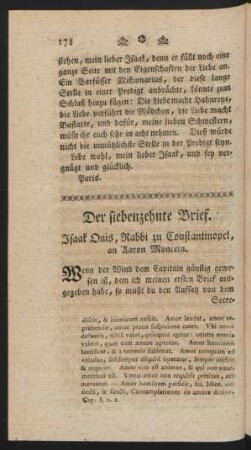 Der siebenzehnte Brief. Isaak Onis, Rabbi zu Constantinopel, an Aaron Monceca