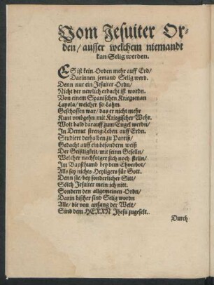 Vom Jesuiter Orden/ ausser welchem niemandt kan Selig werden.