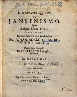 Dissertatio Quinta, De Jansenismo