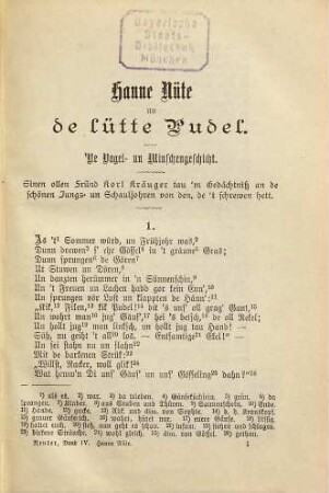 Hanne Nüte un de lütte Pudel : 'Ne Vagel- un Minschengeschicht von Fritz Reuter