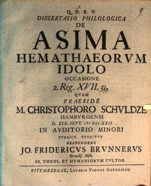 Dissertatio Philologica De Asima Hemathaeorvm Idolo : Occasione 2. Reg. XVII, 31