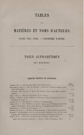 Table des Matières et Noms d'Auteurs.