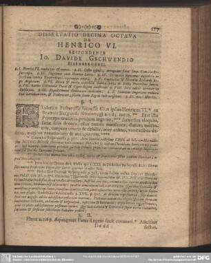 Dissertatio Decima Octava De Henrico VI. Respondente Io. Davide Gschwendio Eisenbergensi