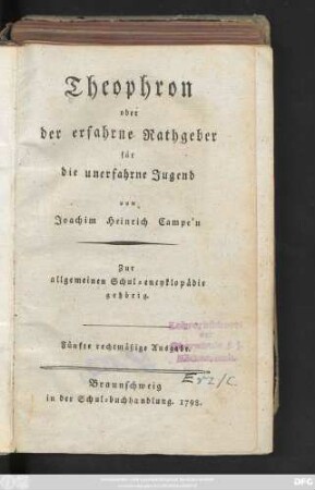 Theophron oder der erfahrne Rathgeber für die unerfahrne Jugend ... : Zur allgemeinen Schul-encyklopädie gehörig