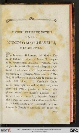 Alcune letterarie notizie sopra Niccolò Macchiavelli, e le sue opere