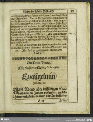 Die Dritte Predigt, Für einsame Closter-Scholarn