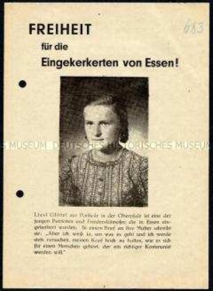 Flugblatt mit der Forderung nach Freilassung der verurteilten Mitglieder der FDJ (W)