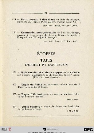Étoffes - Tapis d'orient et aubusson (Nr. 131-147)