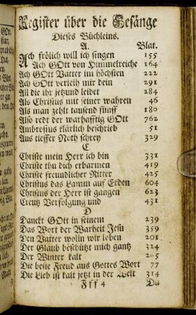 Register über die Gesänge Dieses Büchleins.