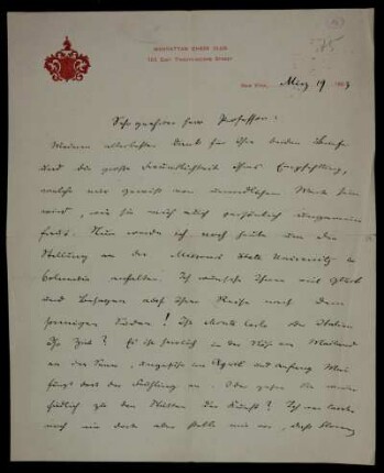 Nr. 12: Brief von Emanuel Lasker an Adolf Hurwitz, New York, NY, 19.3.1903