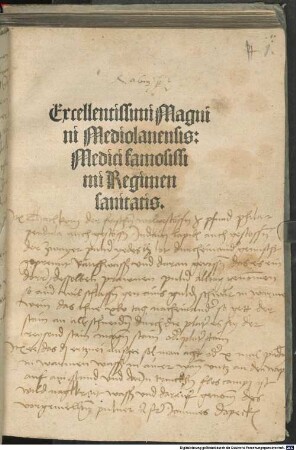 Excellentissimi Magnini Mediolanensis. Medici famosissimi Regimen sanitatis
