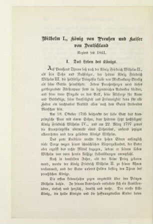 Wilhelm I., König von Preußen und Kaiser von Deutschland. Regiert seit 1861