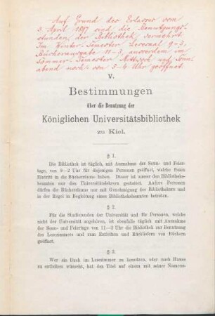 V. Bestimmungen über die Benutzung der Königlichen Universitätsbibliothek zu Kiel.